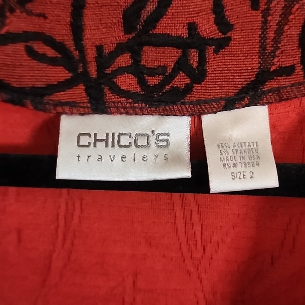 CHICO'S Travelers Red Black Open Front Cardigan 2 US Large - Picture 2 of 7